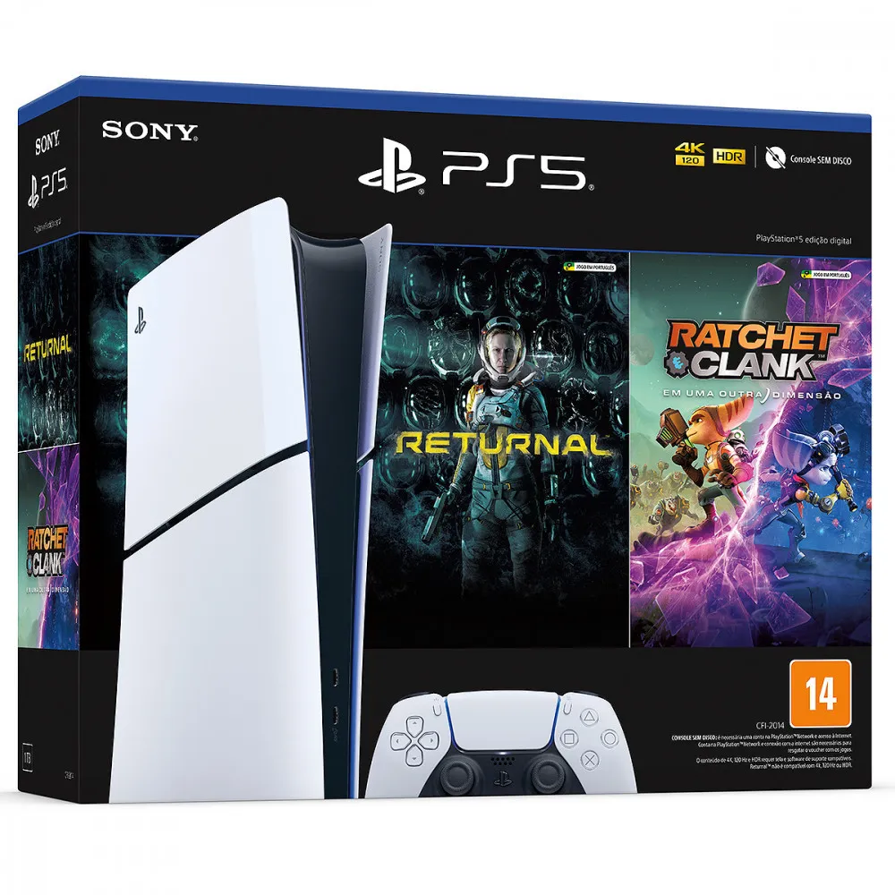 Console Playstation 5 Slim Digital Edition Branco + Returnal E Ratchet E Clank + Controle Sem Fio Dualsense Branco